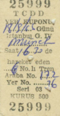 Platzkarte T�rkei 1966